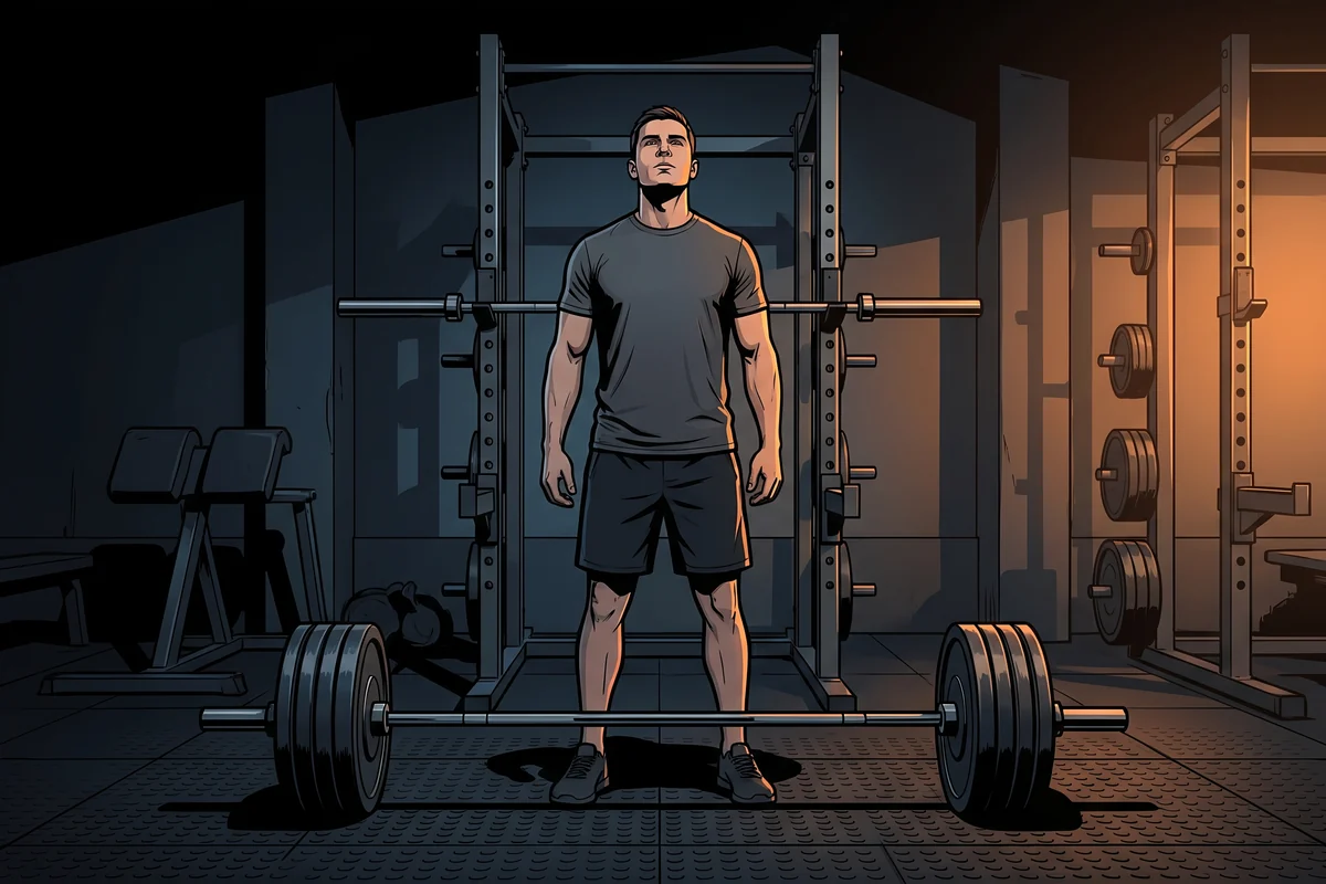 A man standing steady at the barbell, ready